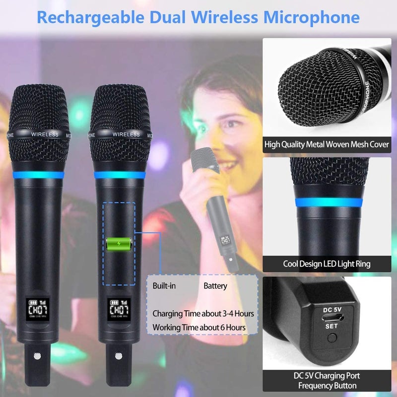 Kithouse نظام ميكروفون لاسلكي قابل لإعادة الشحن Kithouse S9 UHF مع ميكروفون كاريوكي لاسلكي مزدوج مع صندوق مستقبل بلوتوث + تحكم في مستوى الصوت ECHO للغناء في الكاريوكي والخطابات والاجتماعات والكنيسة، 200 قدم - Image 4